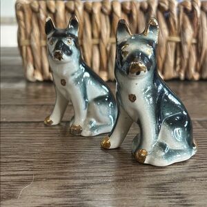 Elegant Ceramic Dog Figurines - Black Gold set German Shepard vintage 50’s-70’s